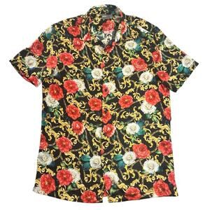 ASOS Floral Baroque Button Up Shirt Black Red Gold Short Sleeve - M